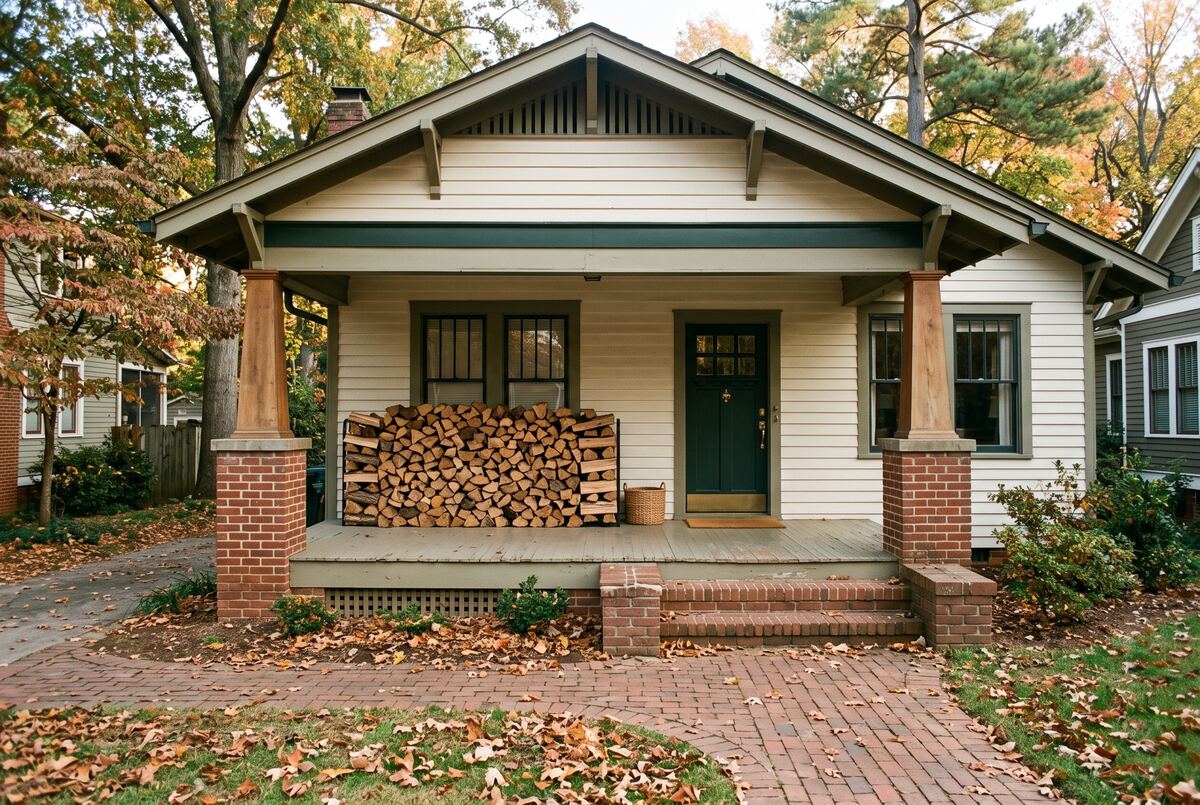 A freshly delivered load of split firewood stacked neatly on the porch of a craftsman bungalow with brick piers in a leafy Durham neighborhood