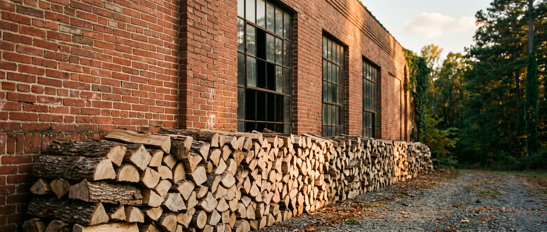 A long rick of split seasoned hardwood stacked against the aged red-brick wall of a historic Durham tobacco warehouse at golden hour
