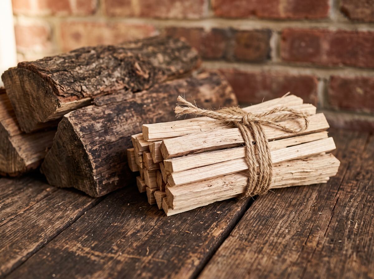 A bundle of dry split kindling tied with jute twine resting on weathered barn boards beside larger split hardwood