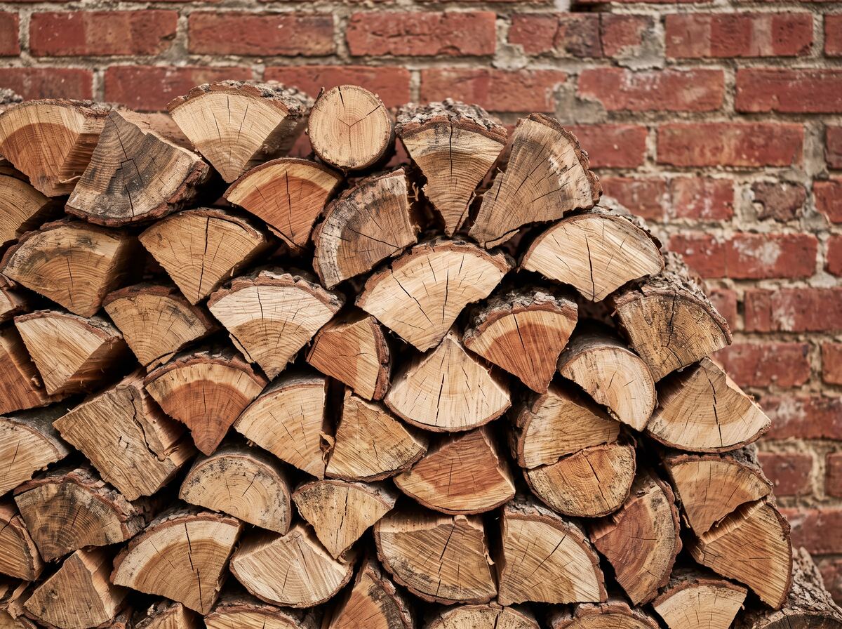 A tight stack of mixed split hardwood firewood with the end grain facing out, against an aged red brick wall