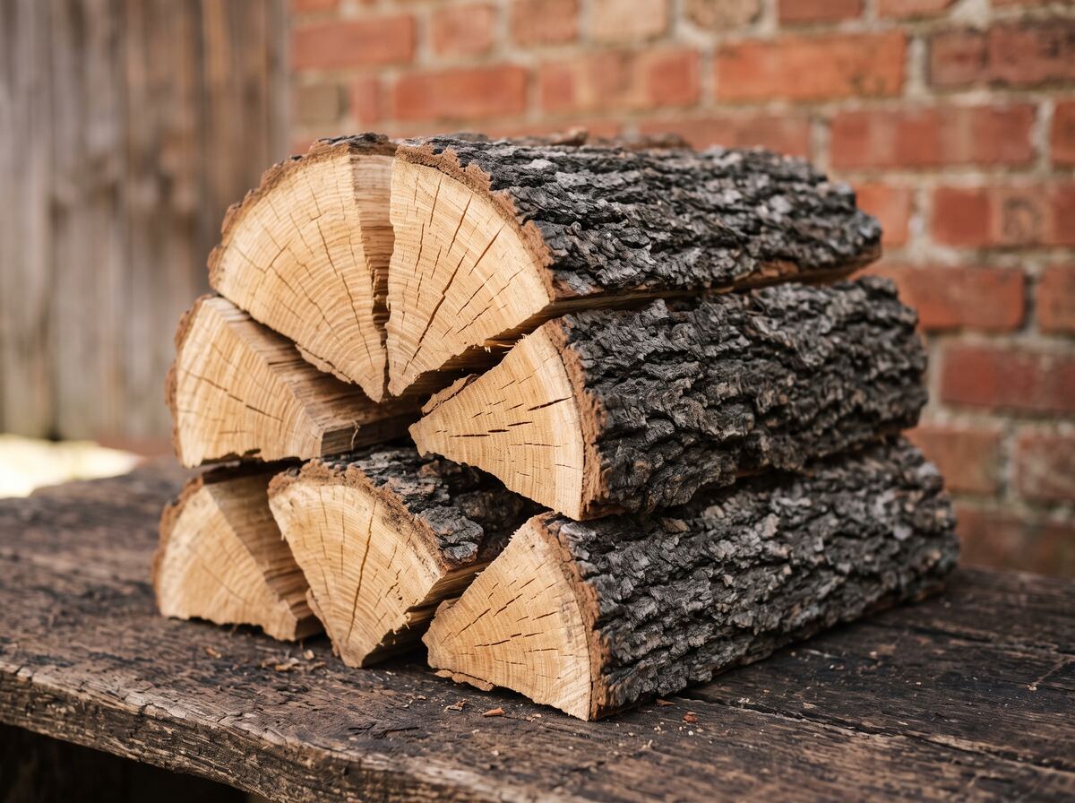 Split seasoned oak firewood with deeply furrowed grey bark and pale end grain showing radial seasoning cracks